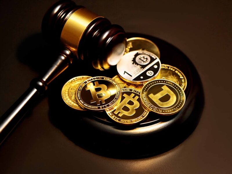 Gavel resting on a pile of various cryptocurrency coins.